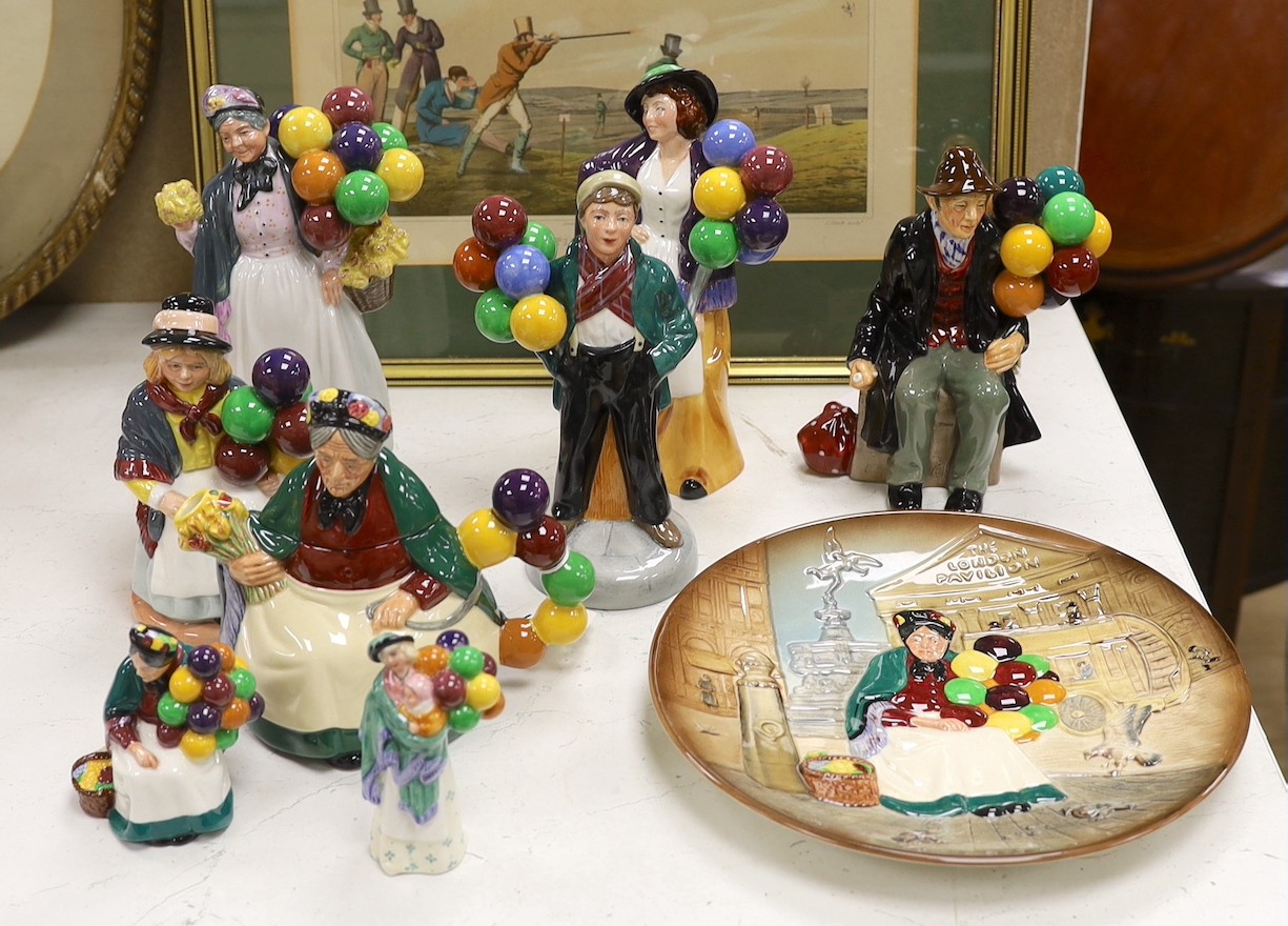 Seven Royal Doulton balloon seller figures in various sizes, a similar teapot and a dish (9), tallest Biddy Penny Farthing, 22cms high